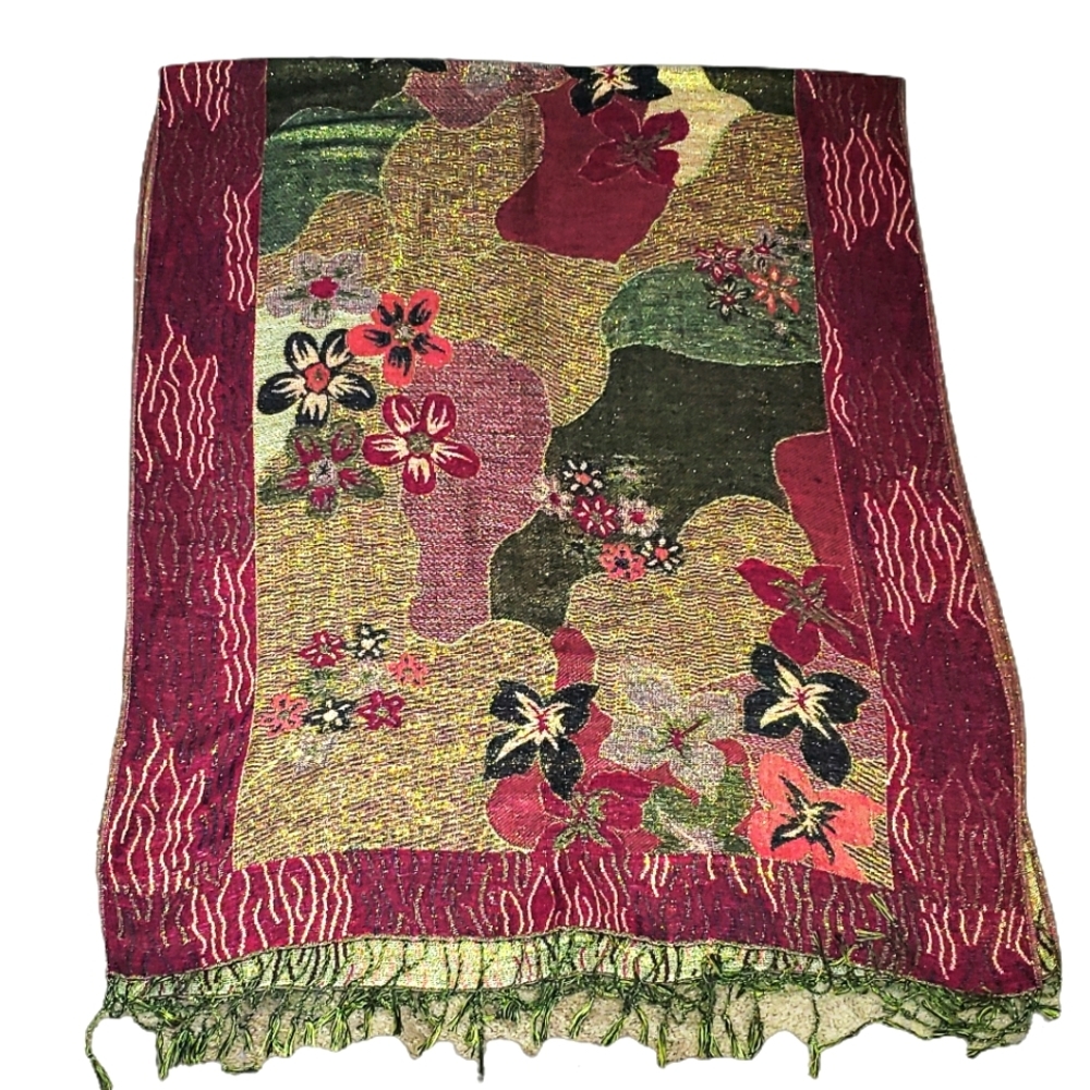 Kaleidoscope Elegance: The Dazzling Dance of Multicolored Florals Fringe Shawl